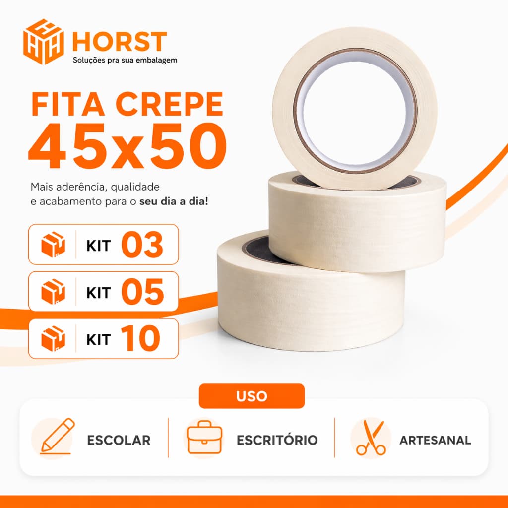 Fita Crepe Branca 45mm x 50m – Ideal para Pintura e Uso Geral | Kit 03 / Kit 05 / Kit 10