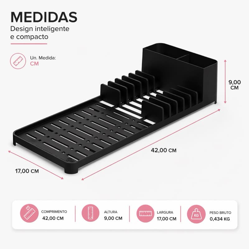 Escorredor de Louça Compacto com Porta Talheres Preto Premium