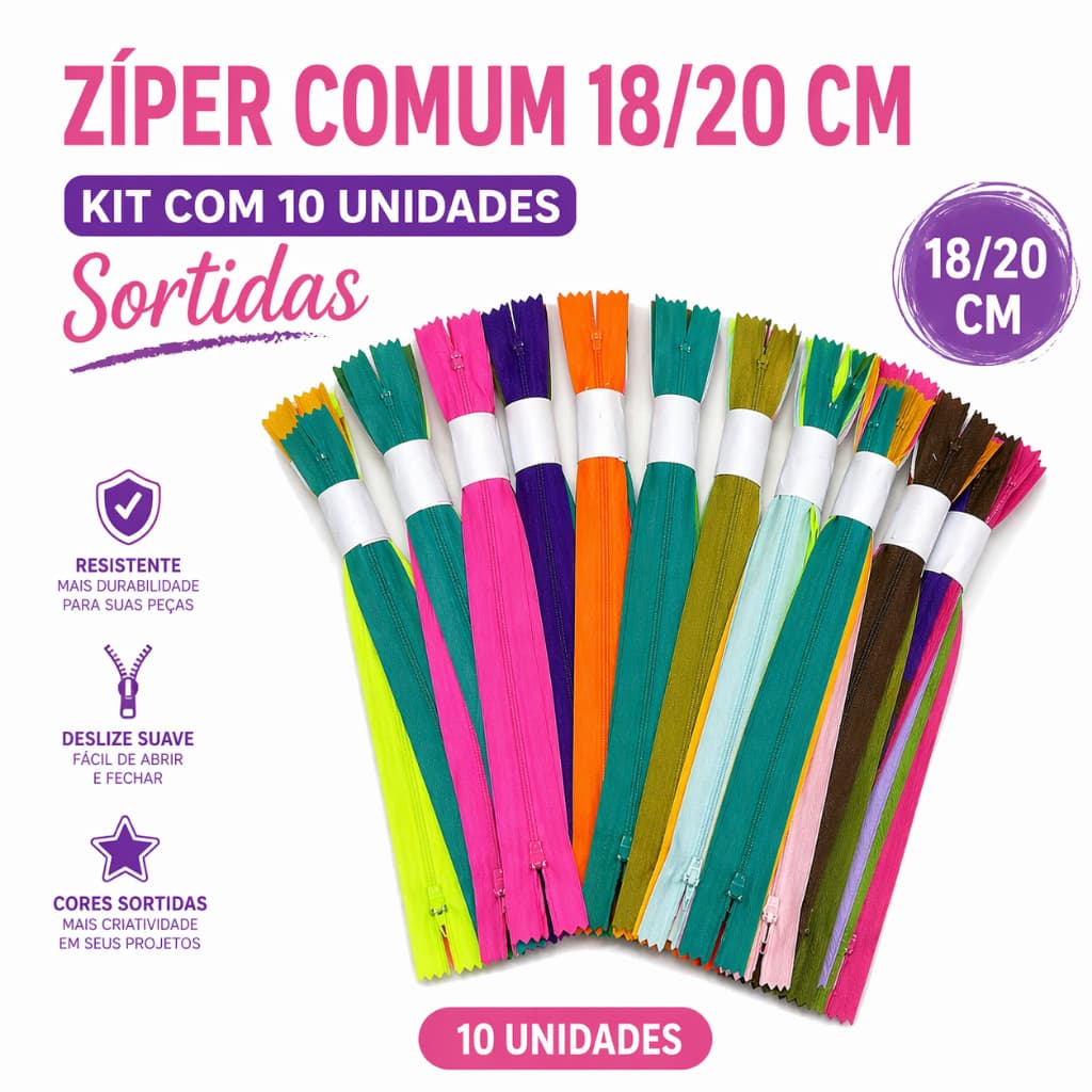 Zíper de Nylon Comum 18/20 CM - Cores Sortidas - Kit C/ 10 Unidades