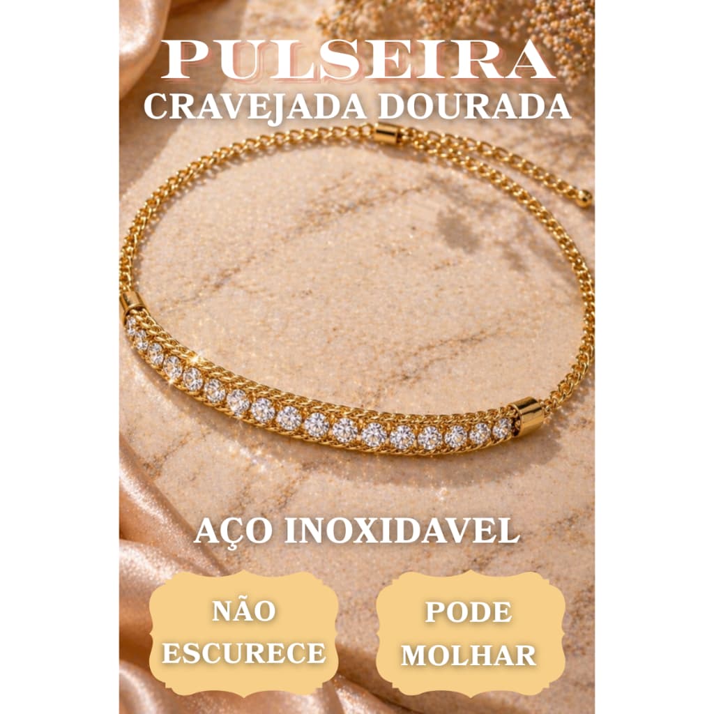 Pulseira Feminina Aço Inoxidavel 316L Dourada com Zircônias Brilhantes Inspiração Grifre Ajustavel