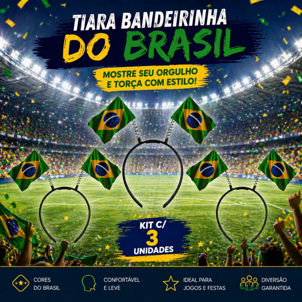 Kit 03 Tiara Arco C/Bandeirinha P/ Cabelo da Copa do Mundo Brasil Torcida Jogo Seleção Brasileira