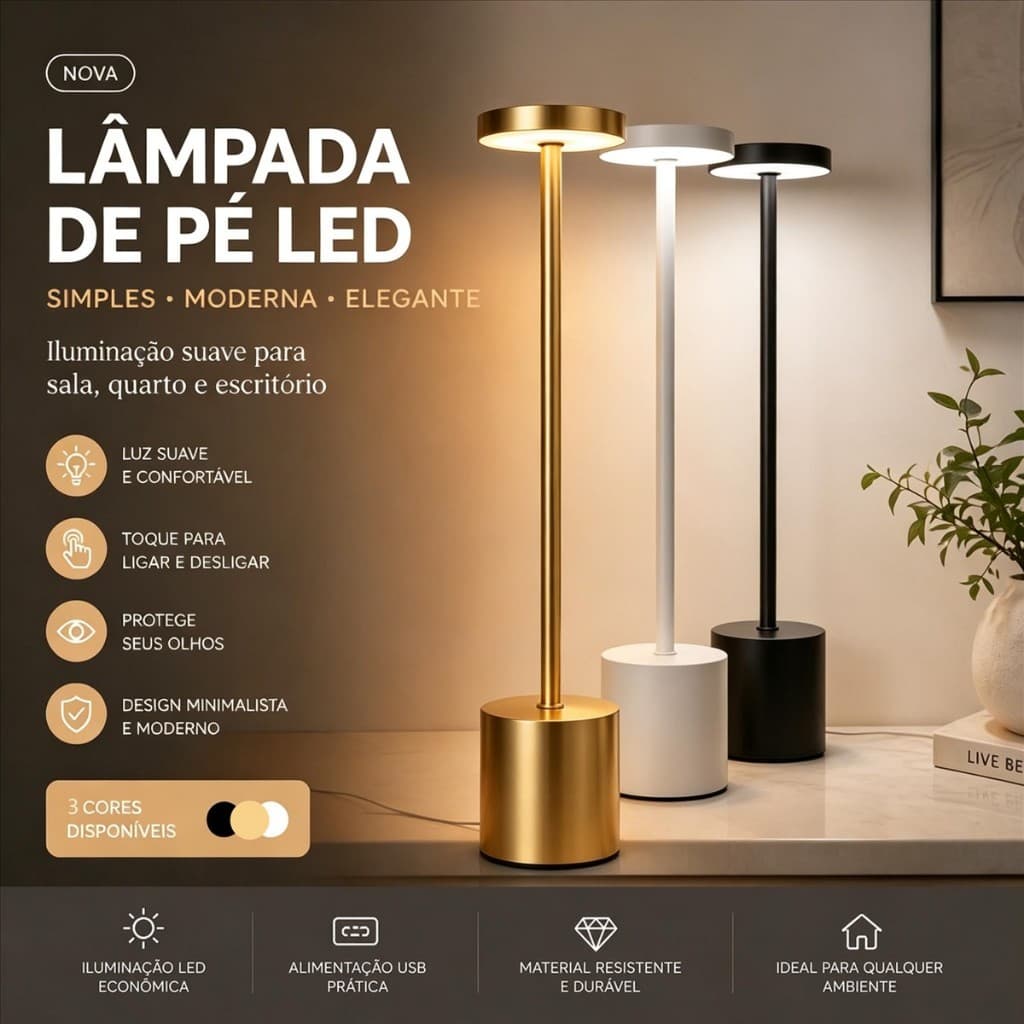 Luminária de Mesa Abajur Cabeceira Escrivaninha LED 3 em 1 Recarregável Tipo C Preto Cromado Dourado