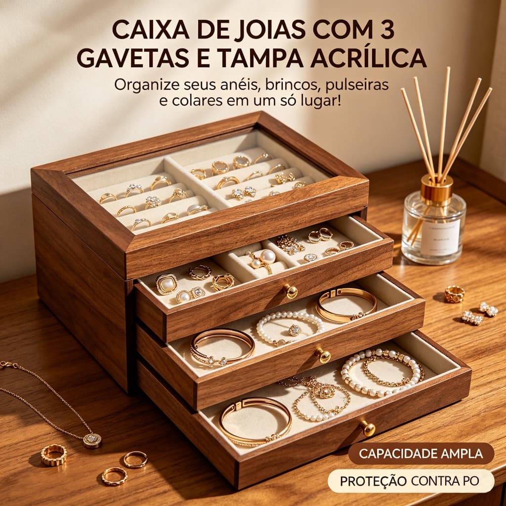 Porta-Joias de Madeira Nogueira Luxo com 3 Compartimentos Organizador Decorativo para Anéis, Colares e Brincos