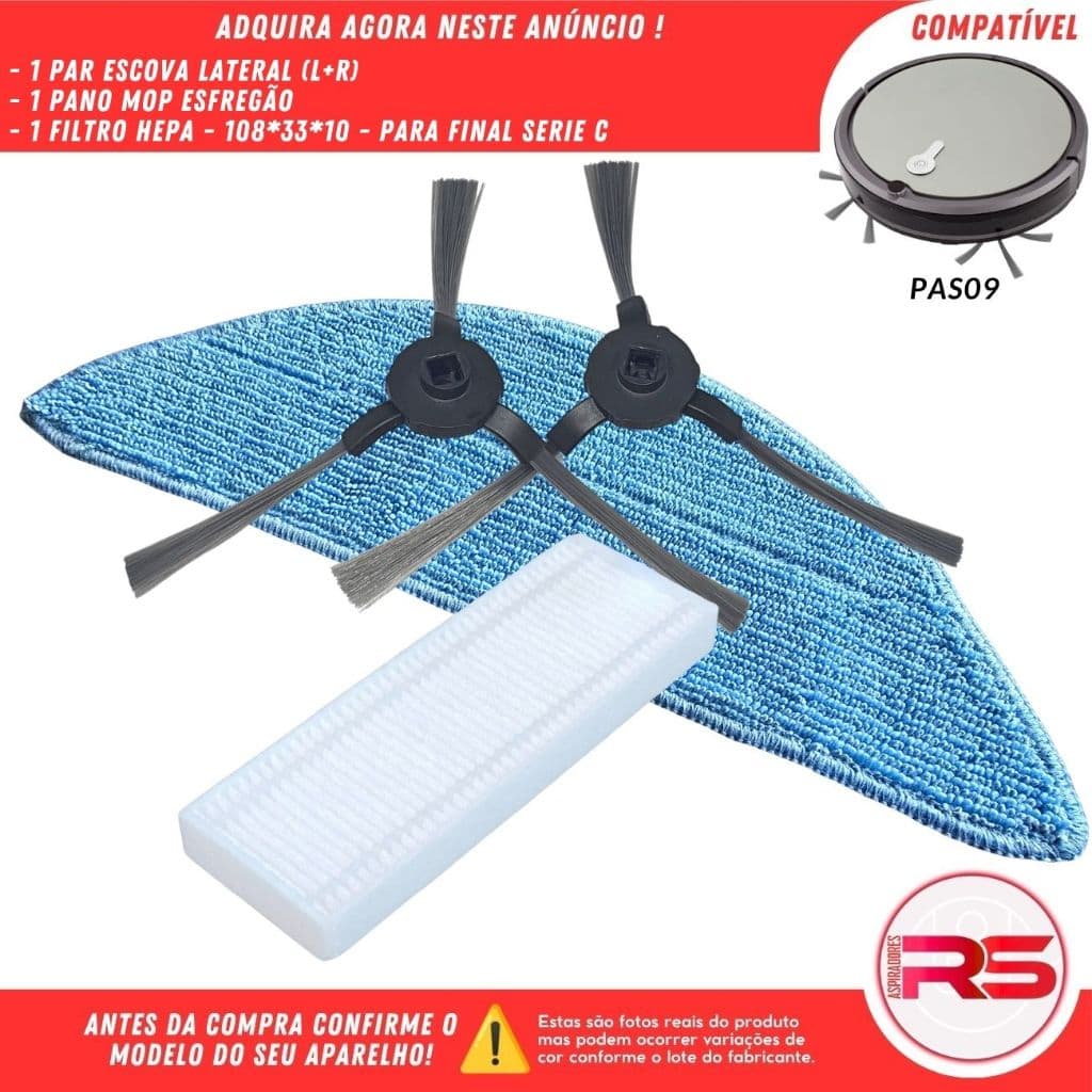 Par Escova Lateral Filtro Hepa e Pano Mop Para Robô Aspirador COMPATÍVEL-PHILCO PAS09 SERIE C