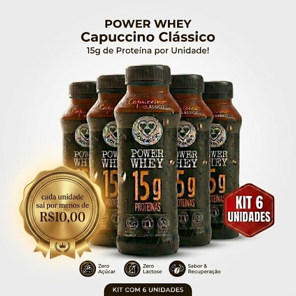 Power Cappuccino 3 Corações 260ml 15g Proteína Zero Lactose Sem Açúcar Kit 6 Unid Fit