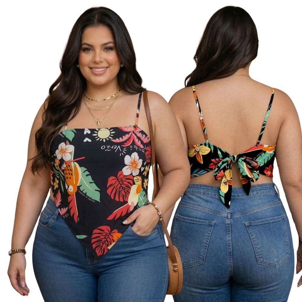Blusa Lenço Amarração nas Costas Feminina Estampada Alça Ajustável Verão Tropical em V