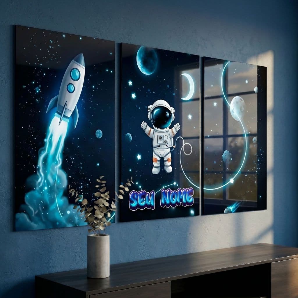 Kit 3 Quadros Decorativos Infantil Astronauta Espaço Lua Azul com SEU NOME Personalizado 122x60cm