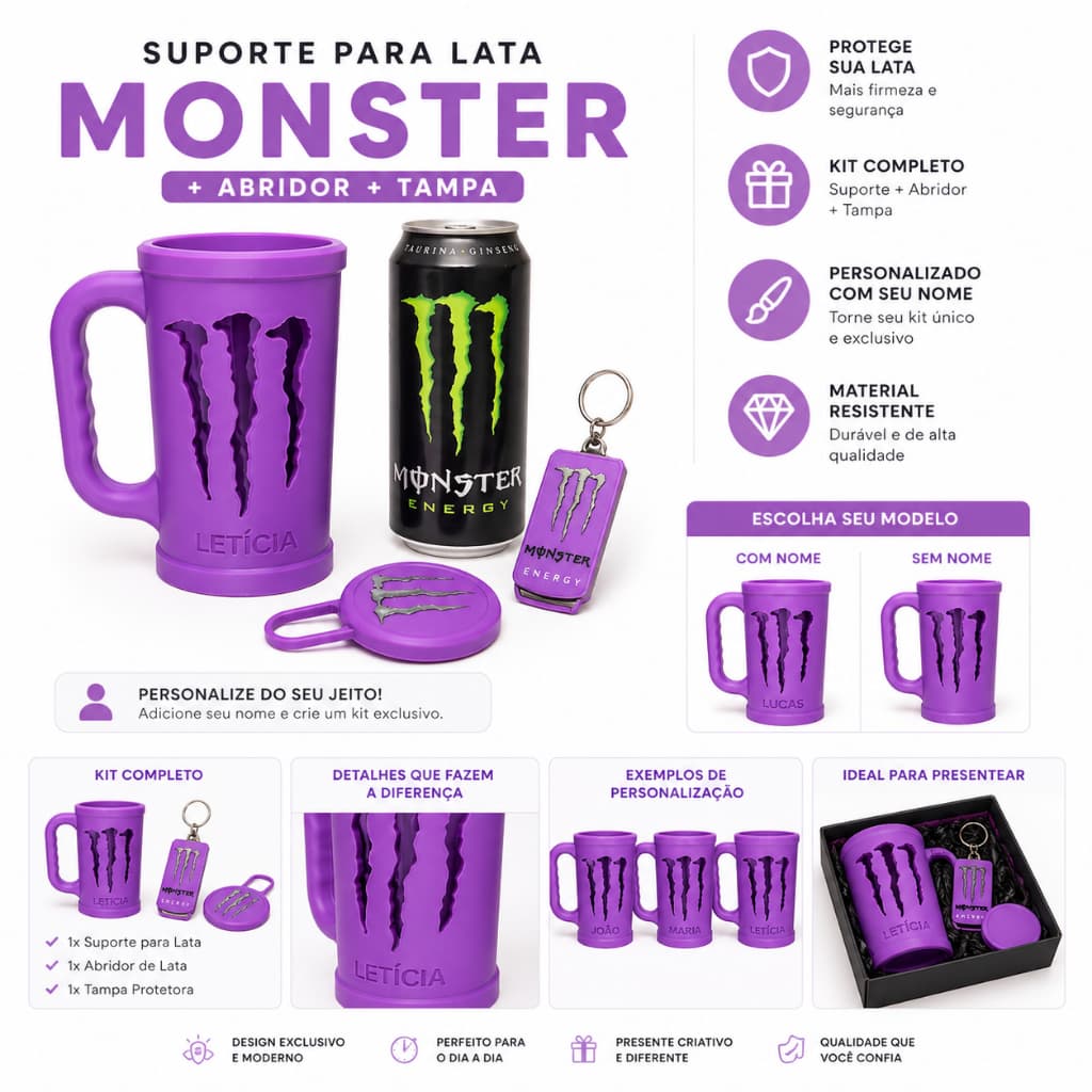 Suporte para Lata Monster Personalizado com Nome + Tampa + Abridor | Presente Criativo