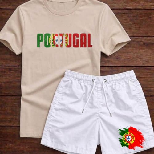 Conjunto de Verão Portugal Camiseta e Bermuda Masculina CR7 Kit Esportiva Academia Short Tactel Estampa Adulto