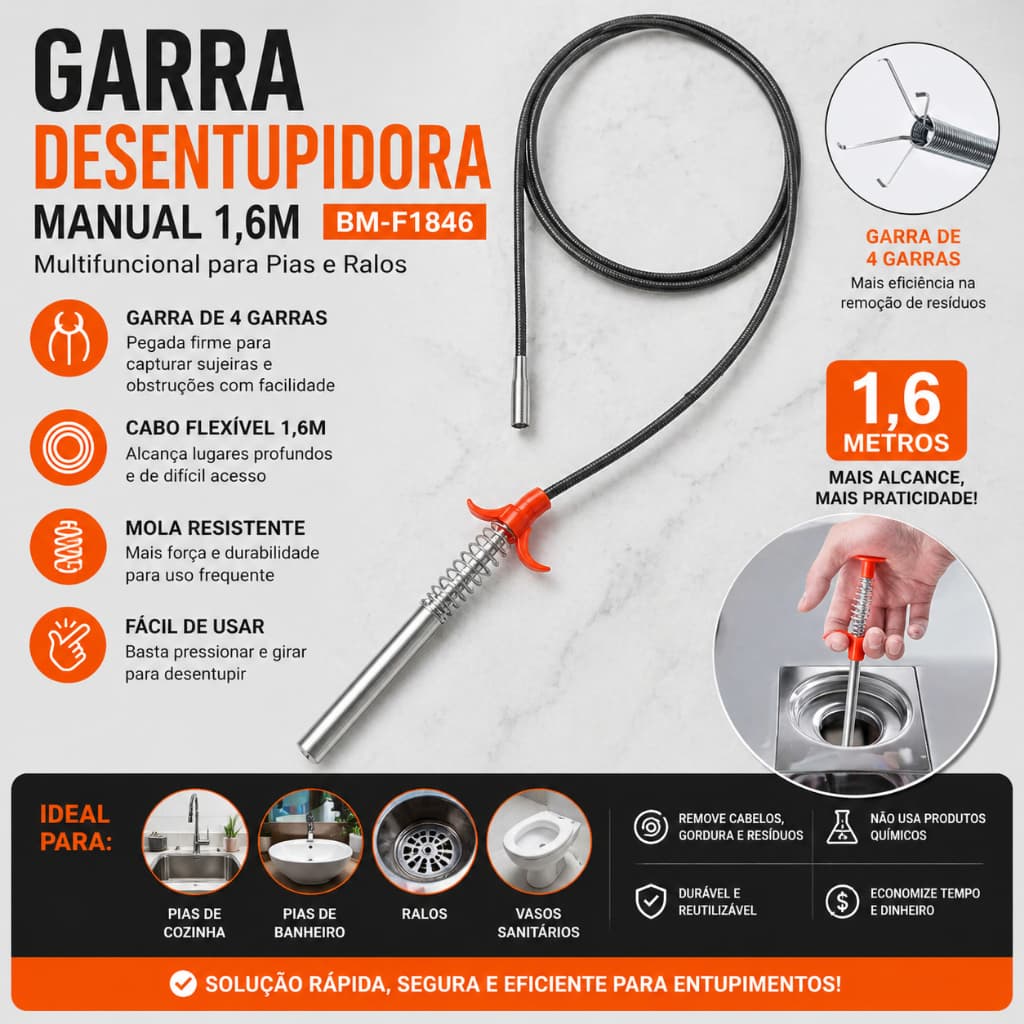 Garra Desentupidora Manual 1,6m Multifuncional para Pias e Ralos Vasos Sanitários BM-F1846