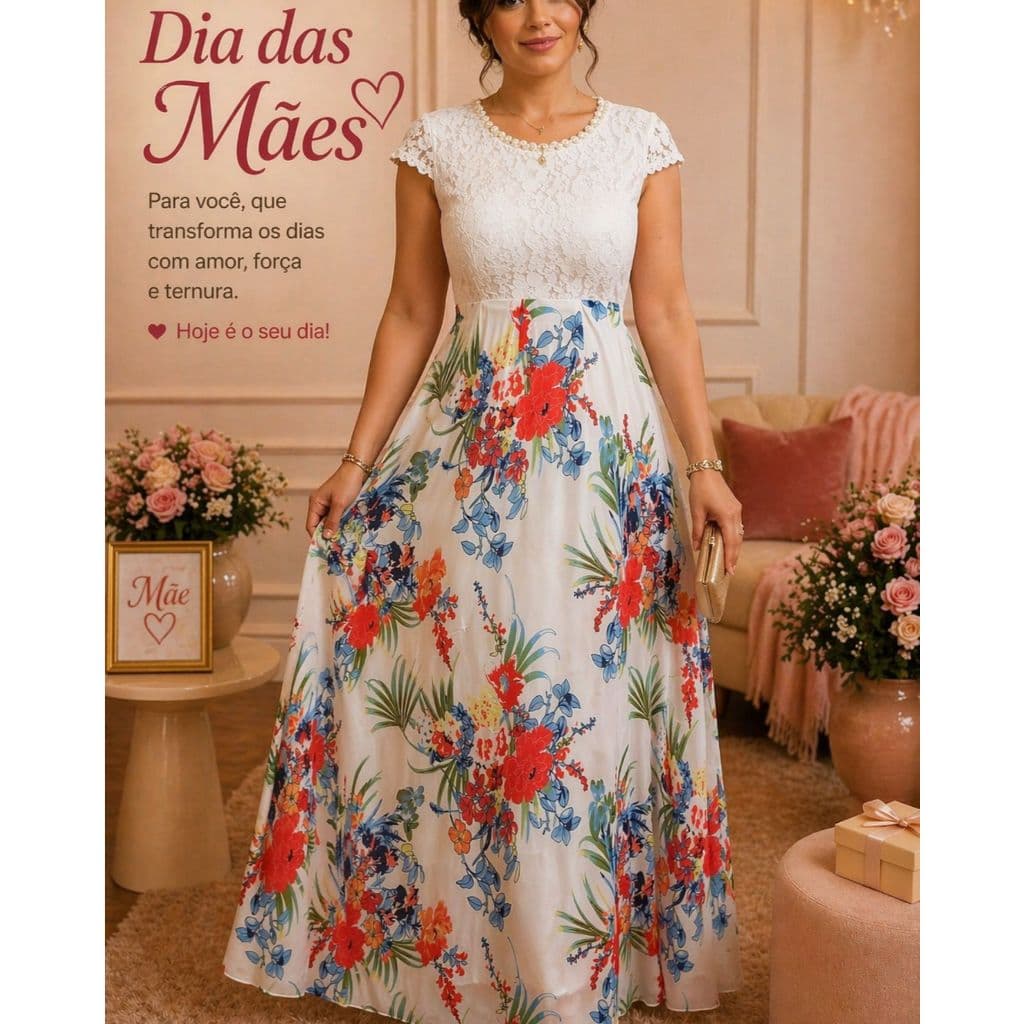 Vestido RENDA Forrado Longo em chiffon Flor Azul- manga curta rendado/Coleção 2026 Festa/casamento/debutante/formatura