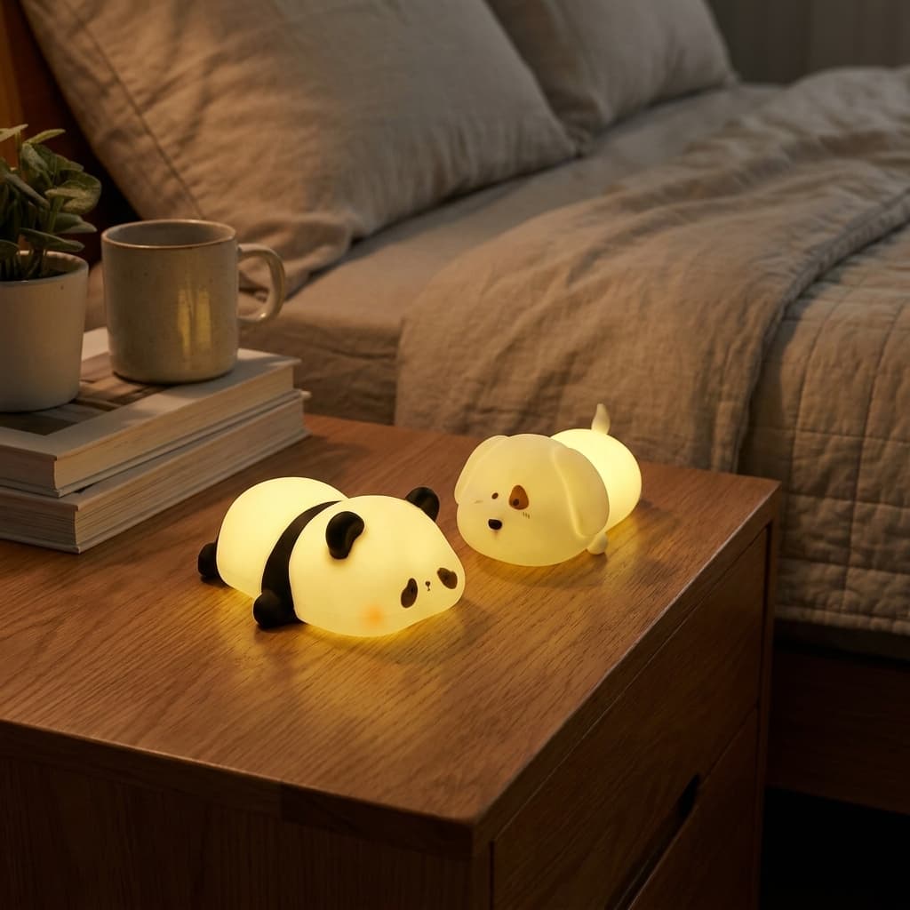 Luminária LED Para Criança Cachorrinho e Panda Sensor Toque 3 Cores Usb Decoração Presente