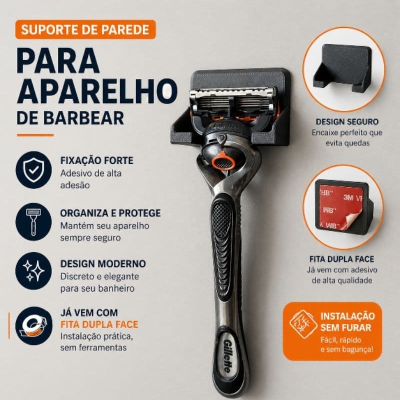Suporte de Parede para Aparelho de Barbear com Fita Dupla Face Forte e Fácil Instalação