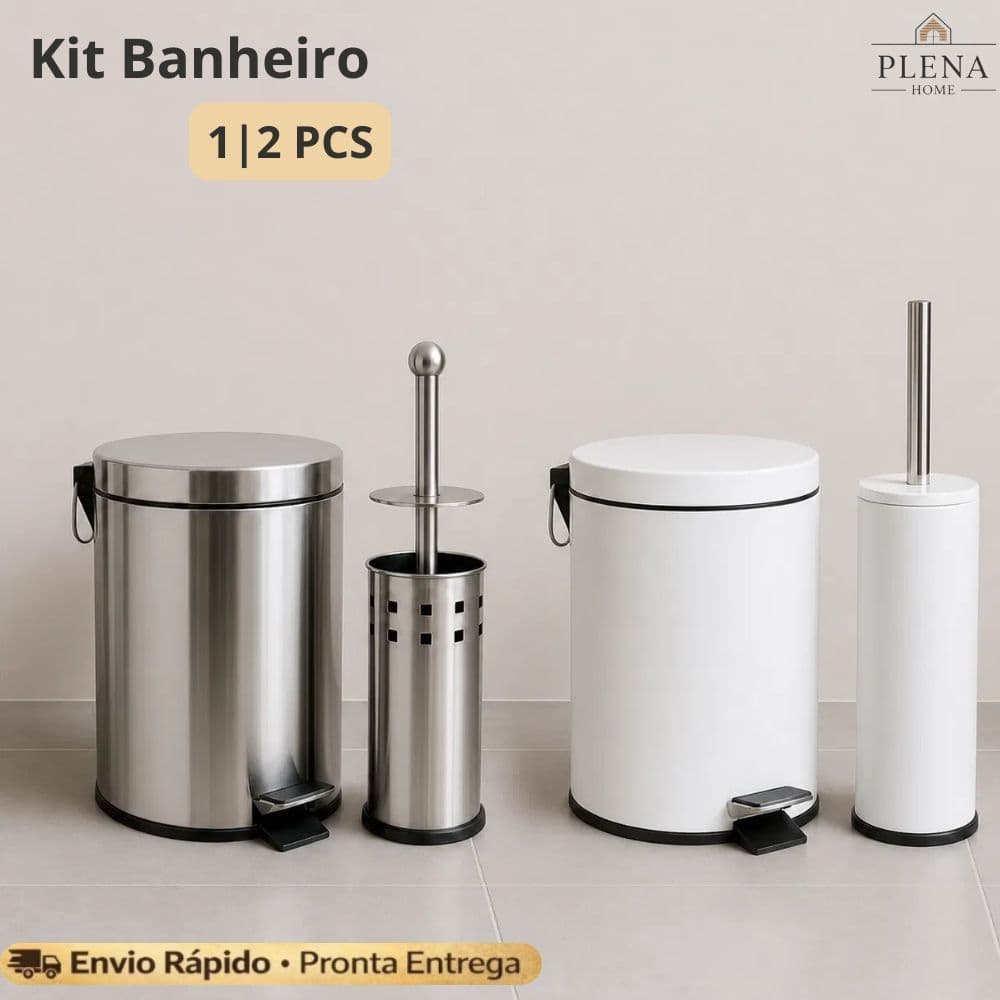 Kit 1/2 Lixeira Banheiro Pedal 3L Inox E Escova Vaso Sanitário Limpeza Inox Suporte Inox Ou Branco