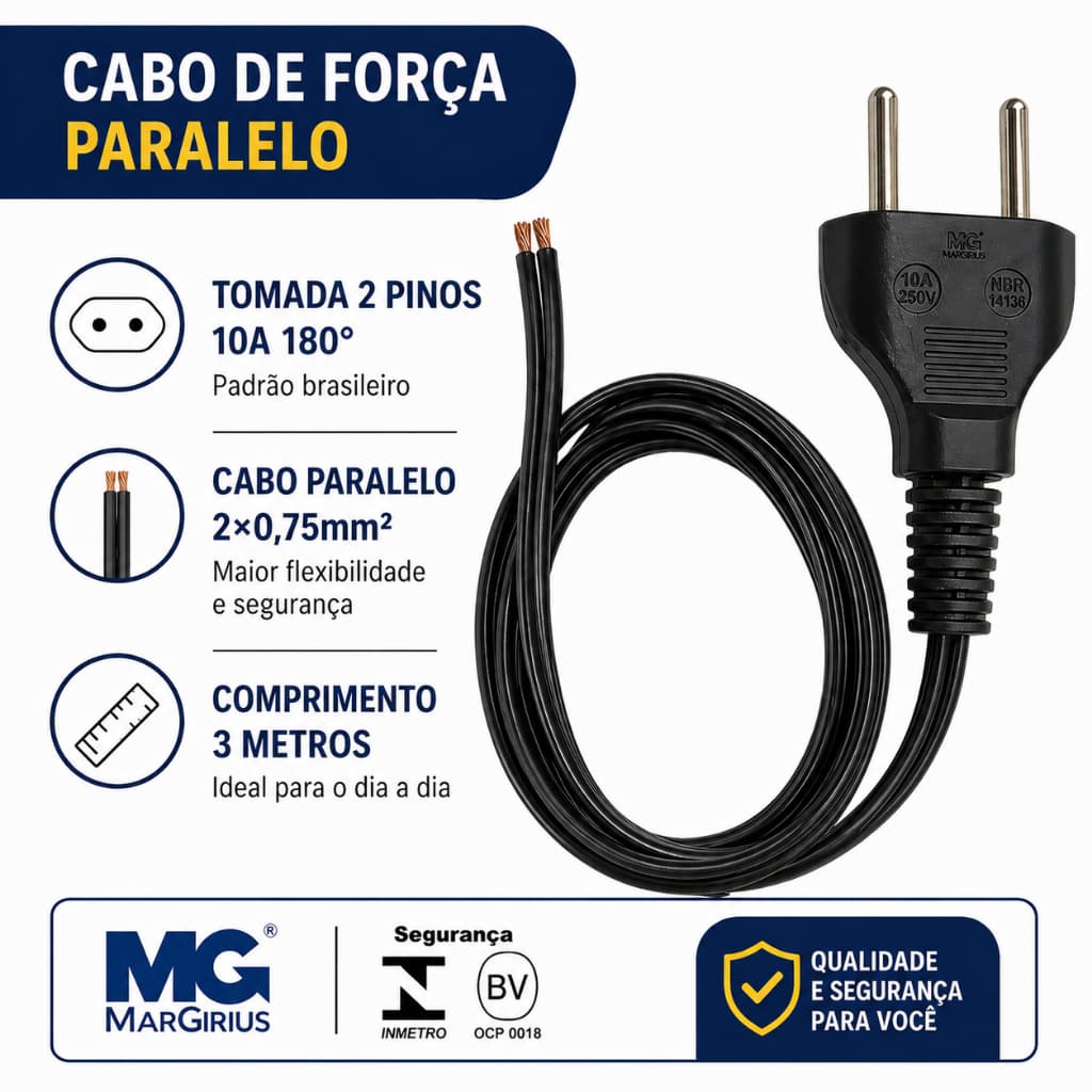 Fio Cabo de Tomada 2x0,75 3 Mts Plugue 10a Margirius