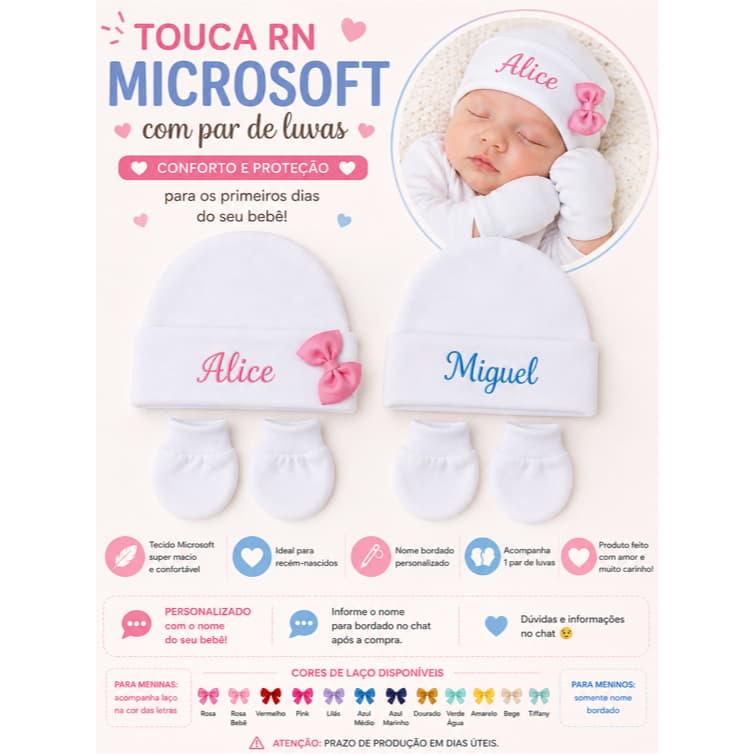 Touca RN Microsoft Personalizada com Par de Luvas | Nome Bordado | Menina com Laço e Menino sem Laço
