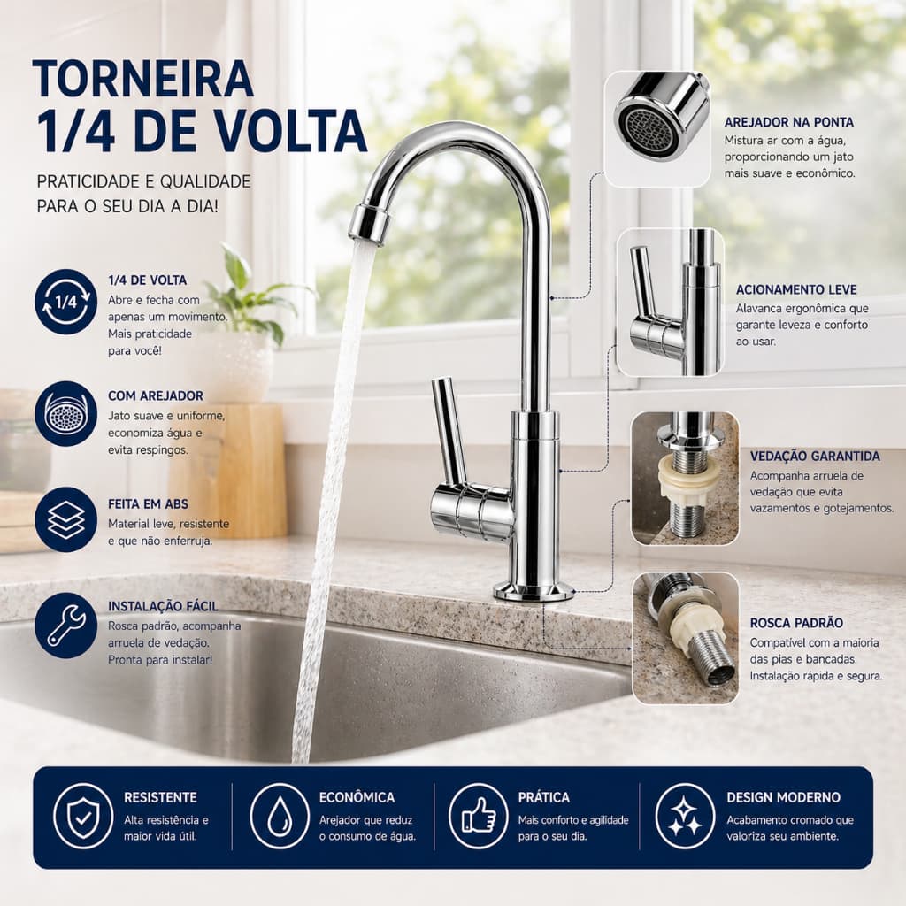 Torneira Banheiro Bancada ABS 1/4 Volta Com Arejador Econômica Fácil Instalação Moderna