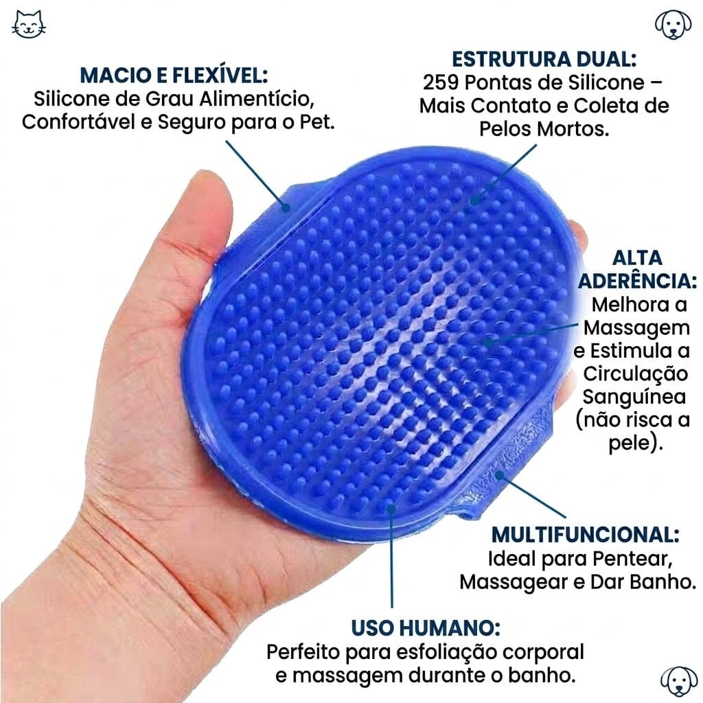 2 Em 1 Escova Massageadora Silicone: Uso Pet (Banho E Tira Pelo) E Uso Humano (Banho E Esfoliação)