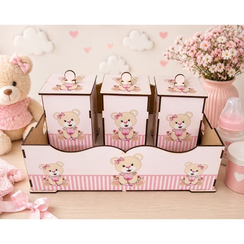 Kit Bebê Bandeja E Potes Higiene Decoração Ursinha Rosa Mdf