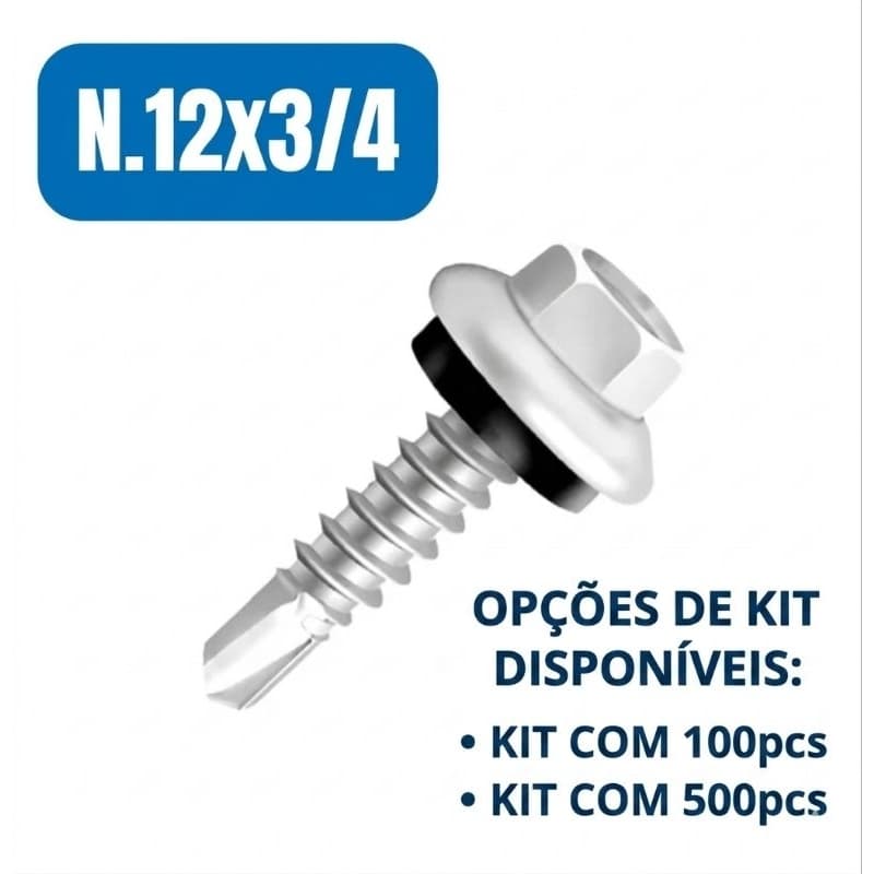 Parafuso Auto Brocante Sextavado 12x3/4 Ponta Broca Para Telha - Kit Profissional