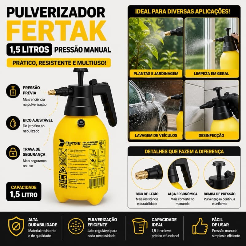 Pulverizador Fertak 1,5L Borrifador Pressão Manual Jardim Limpeza Irrigação Multiuso