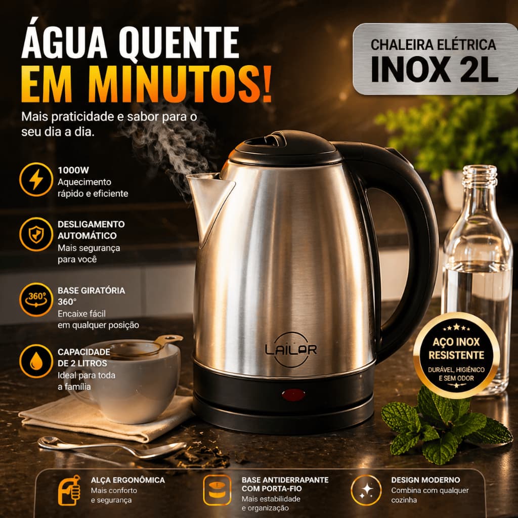 Chaleira Elétrica Inox 2L Lailar – Fervura Rápida, Desligamento Automático e Base 360°
