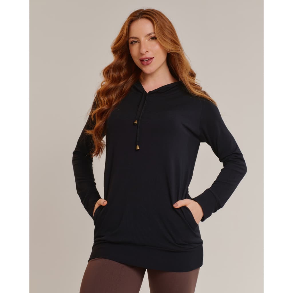 Blusa De Frio Feminina Com Capuz Manga Comprida Com Bolso Lisa Preta Branca Camisa Cumprida Promoção