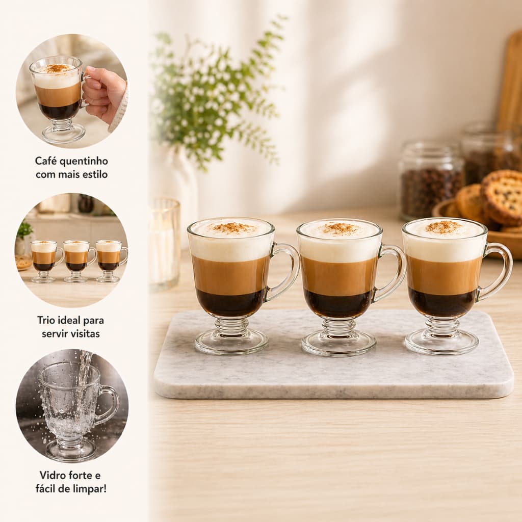 Conjunto Quatro Canecas Vidro 120ml Capuccino Design Moderno Duravel Copos Cafe