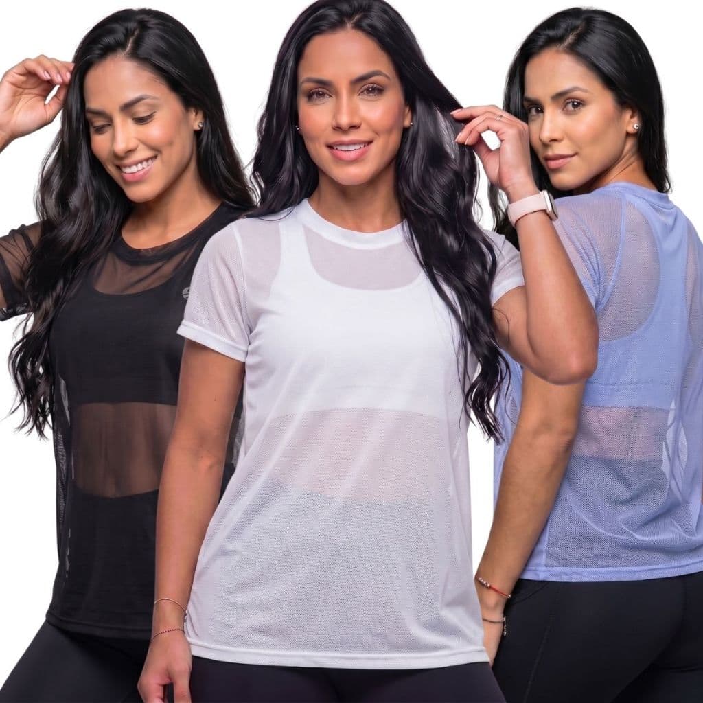 Kit 3 Blusas Tule Feminina Transparente Tule Arrastão Manga Curta Moda Fitness Academia Treino Camisão Leve