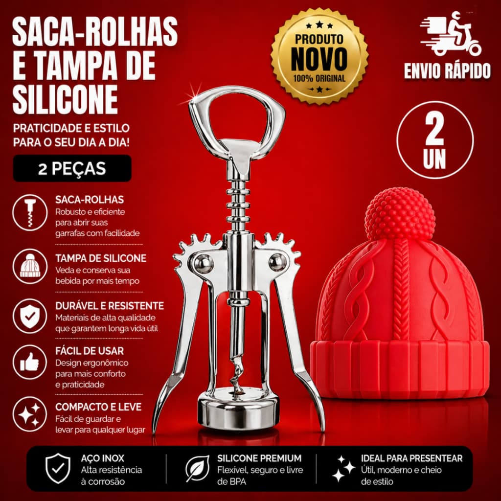 Kit 2 Sendo Saca rolha para Vinho + Gorro de Silicone para Garrafa  Prático e Elegante