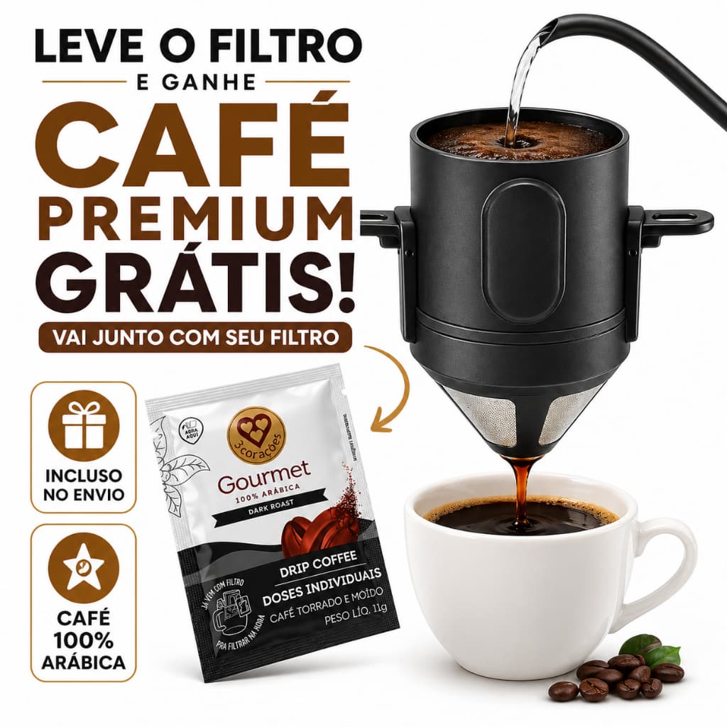 Mini Filtro de Café Inox Portátil Dobrável Reutilizável + Café 3 Corações Gourmet 11g Grátis