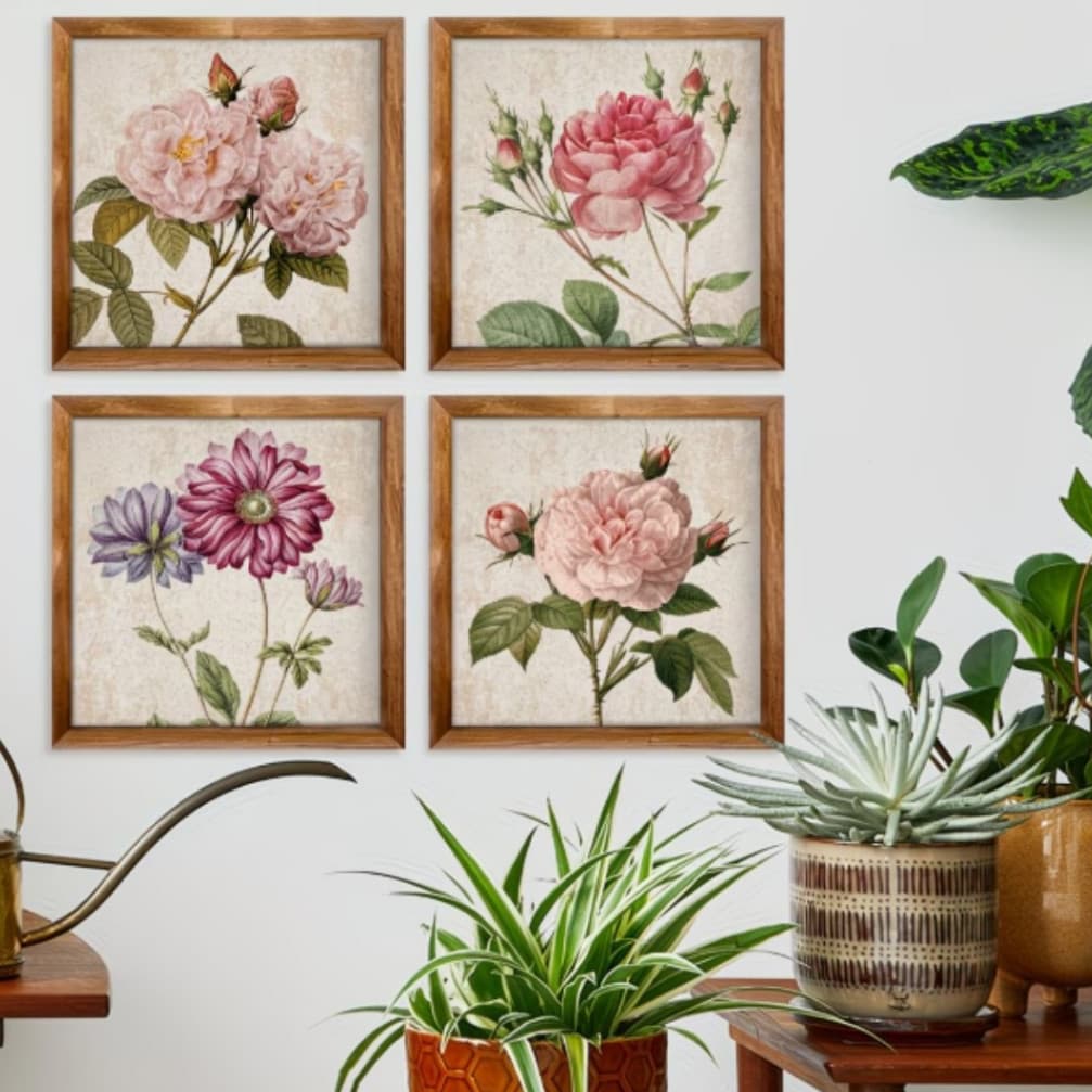 Kit Quadros Decorativos Floral Rose Lilás Natureza  Moderno Sala Quarto Hall Cozinhas Escritorios