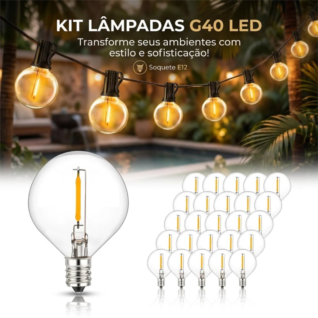 25pcs Lâmpada Led Festao Inquebrável E12 Luz Filamento G40 Lâmpadas de Substituição