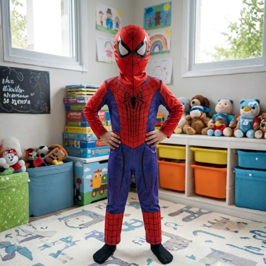 Fantasia Infantil Herói das Teias Longa C\ Mascara Tecido