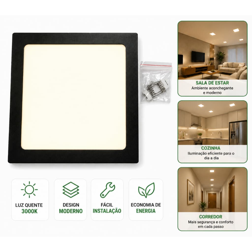 Plafon Led Quadrado 18w Luz Amarela Embutir Na Parede Black