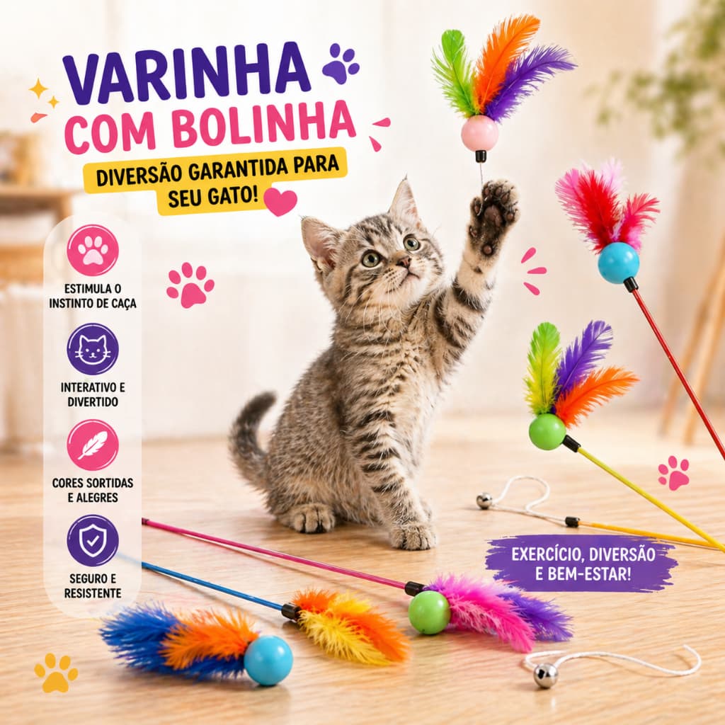 🐱🎣 Brinquedo para Gato – Varinha Interativa com Bolinha