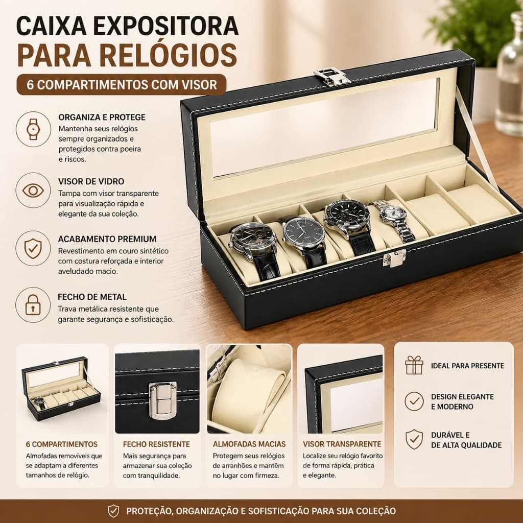 Caixa Expositora Relogios 6 Compartimentos Visor Transparente Organizador Elegante
