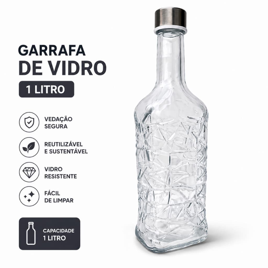 Garrafa De Vidro Com Tampa Inox Vedação Silicone Hermética Luxo Geladeira 1l Suco Água Não Vaza