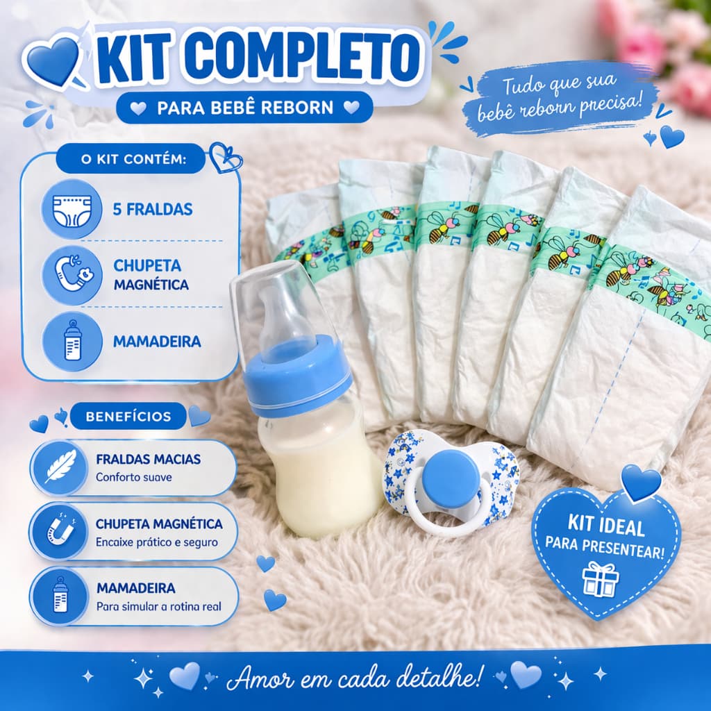 Kit Boneca Reborn Menino Acessórios 5 Fraldas + Chupeta Magnética + Mamadeira Sem Furo