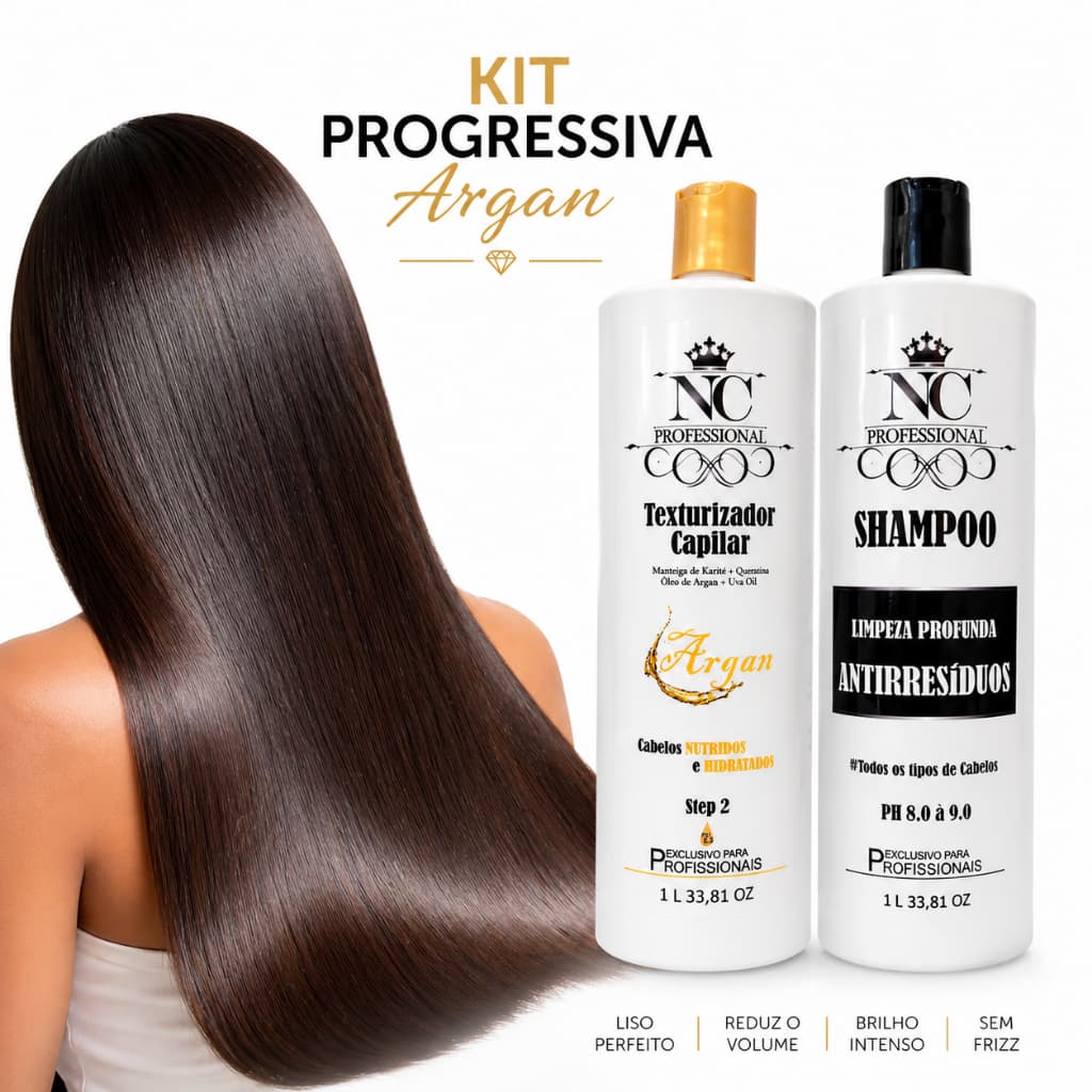 Kit Progressiva Argan + Shampoo Antirresíduo Alisamento Profissional Reduz Frizz Volume Brilho