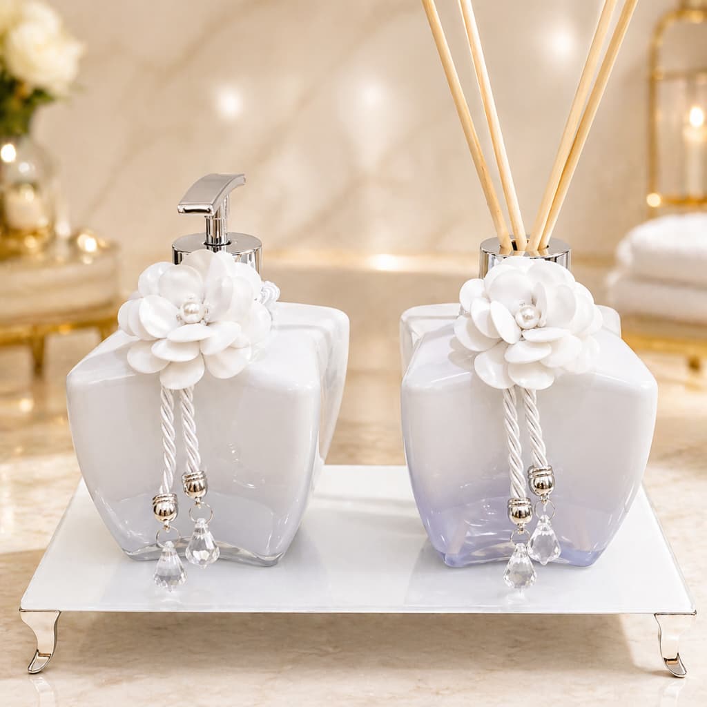 Kit Lavabo Vidro Modelo Estrela Branca Degrade 250ml com Pingente Luxo e Bandeja Opcional