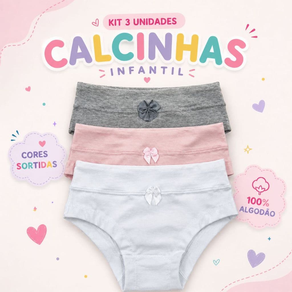 Calcinha Infantil Lisa Menina Em Algodão Premium Kit com 3 - 1299-K3