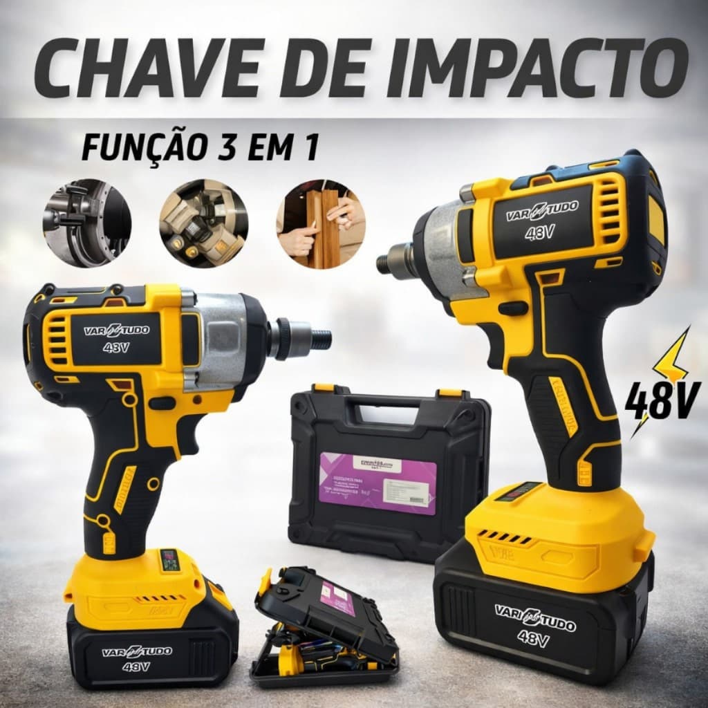 Furadeira Parafusadeira Impacto 48V Brushless Profissional 2 Baterias 4.0Ah - Kit Completo com Maleta Alta Potência