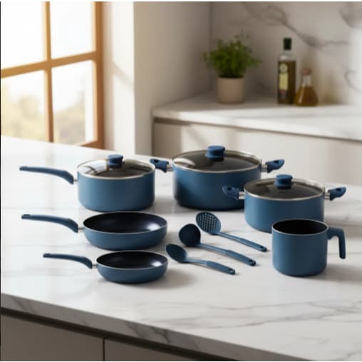Conjunto Panelas 9 Peças Azul Antiaderente Jogo Caçarola Não Gruda Ceramica Cozinha Fritar Cozinhar