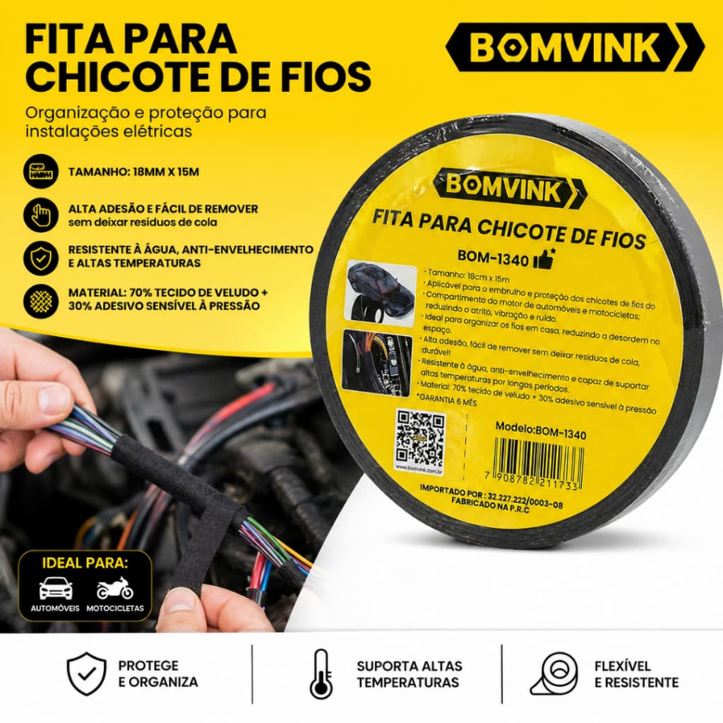 Fita Isolante Tecido Automotiva para Chicote de Fios 15m Anti Ruído Alta Temperatura Moto Carro