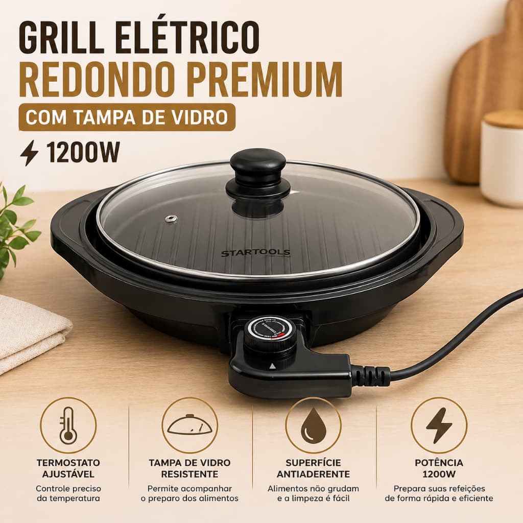Grill Elétrico Redondo Premium Termostato 1200W Grelhado Rápido Saudável Churrasqueira Panela