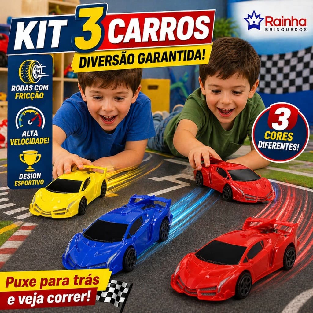 KIT 3 Carrinhos Sport Colorido Corrida Rodas Fricção  16cm Presente Natal Para Crianças Meninos