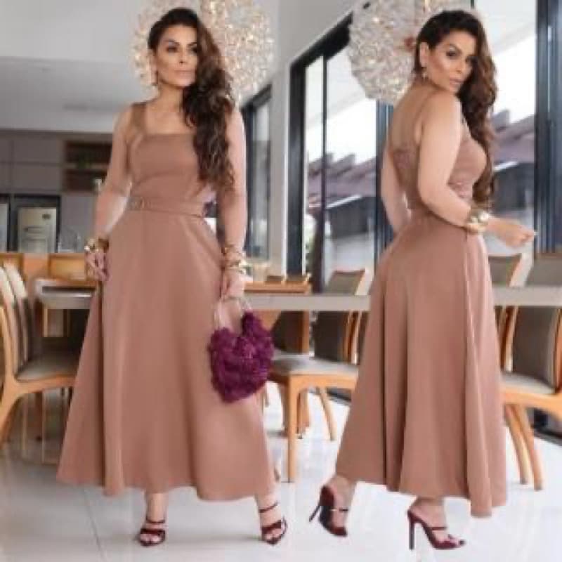 Vestido Midi Clássico Feminino Premium Tecido Alfaiataria Confortável e Super Elegante Festa Casual Alça Larga