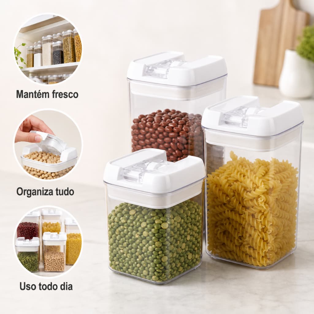 Kit 3 Potes Jogo Tupperware Durável 1200ML Armazenamento Organizador Cozinha Dispensa Geladeira