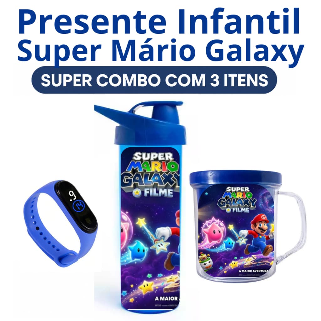 Super Mário Garrafa Copo e Relógio Digital + Nome Personalizado PRESENTE ANIVERSÁRIO ESCOLA